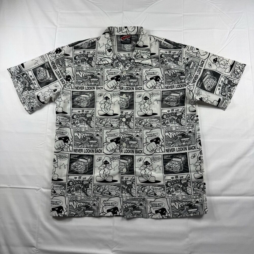 DISS AOP Racing Comic Button Up T Shirt Men 2XL VTG Polyester Street Wear Baggy
